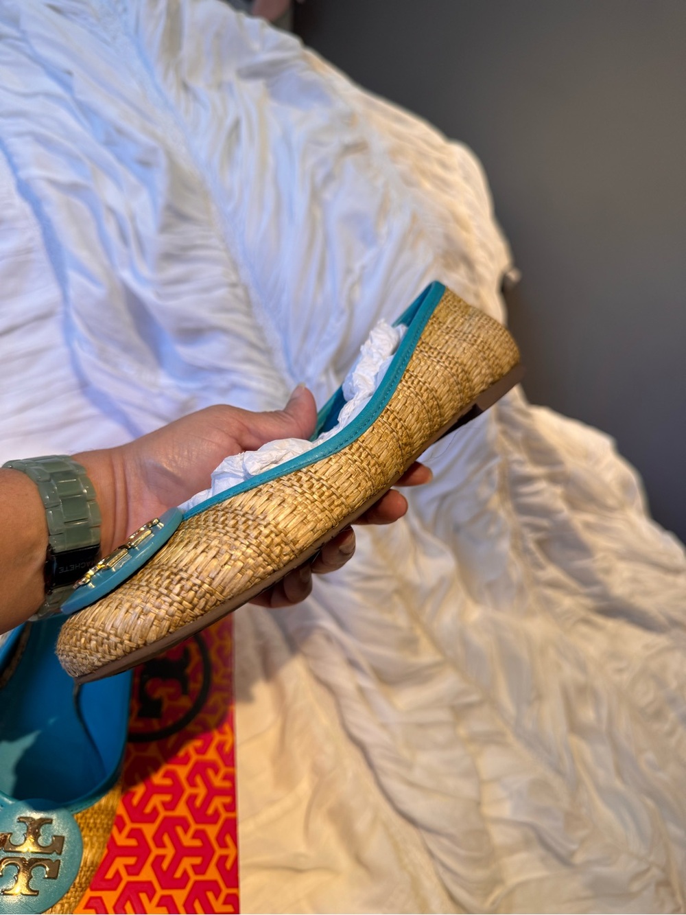 Tory Burch Raffia Ballet Flats with Turquoise Trim and Logo Medallion - Picture 7 of 9